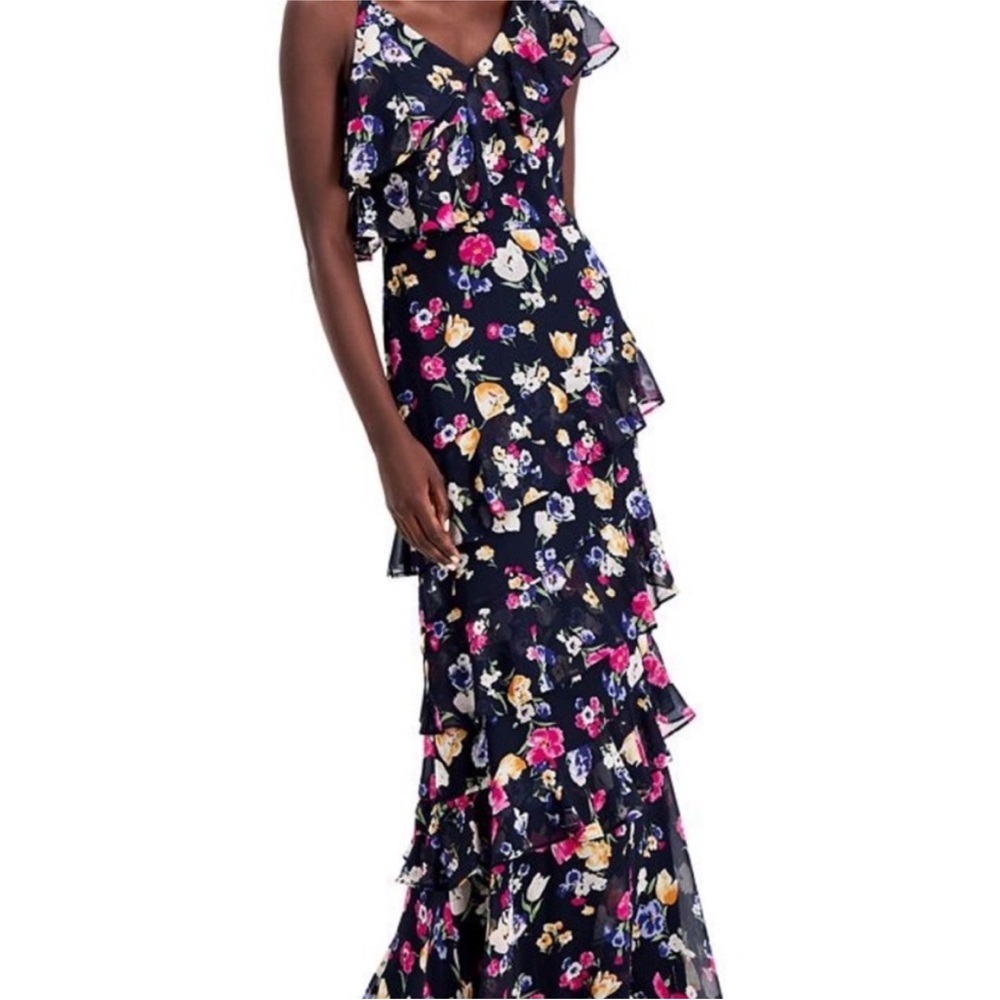 Lauren Ralph Lauren Floral Crinkled Georgette Dress Blue Tiered Ruffle Beaded 6 - Picture 2 of 12